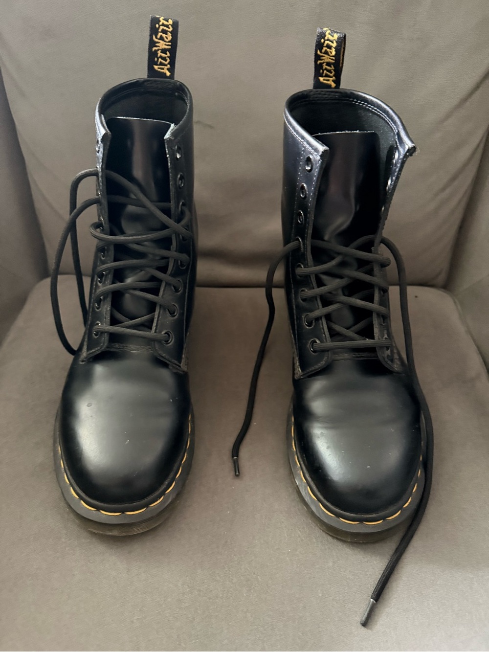 Dr. Martens Black Leather Combat Boots with Yellow Stitching